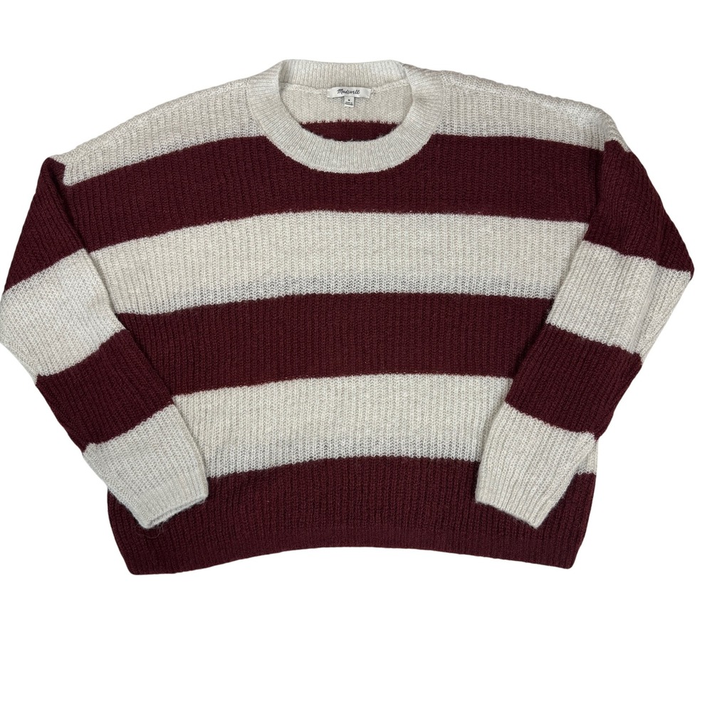 Madewell Striped Alpaca Blend Crewneck Sweater Burgundy Cream Medium